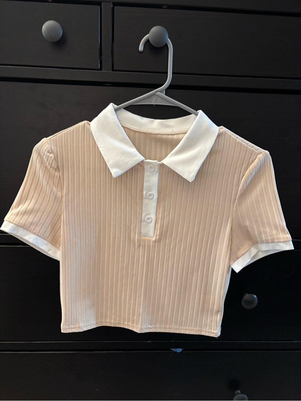 Girls' Cream Ribbed Polo Crop Top with White Collar